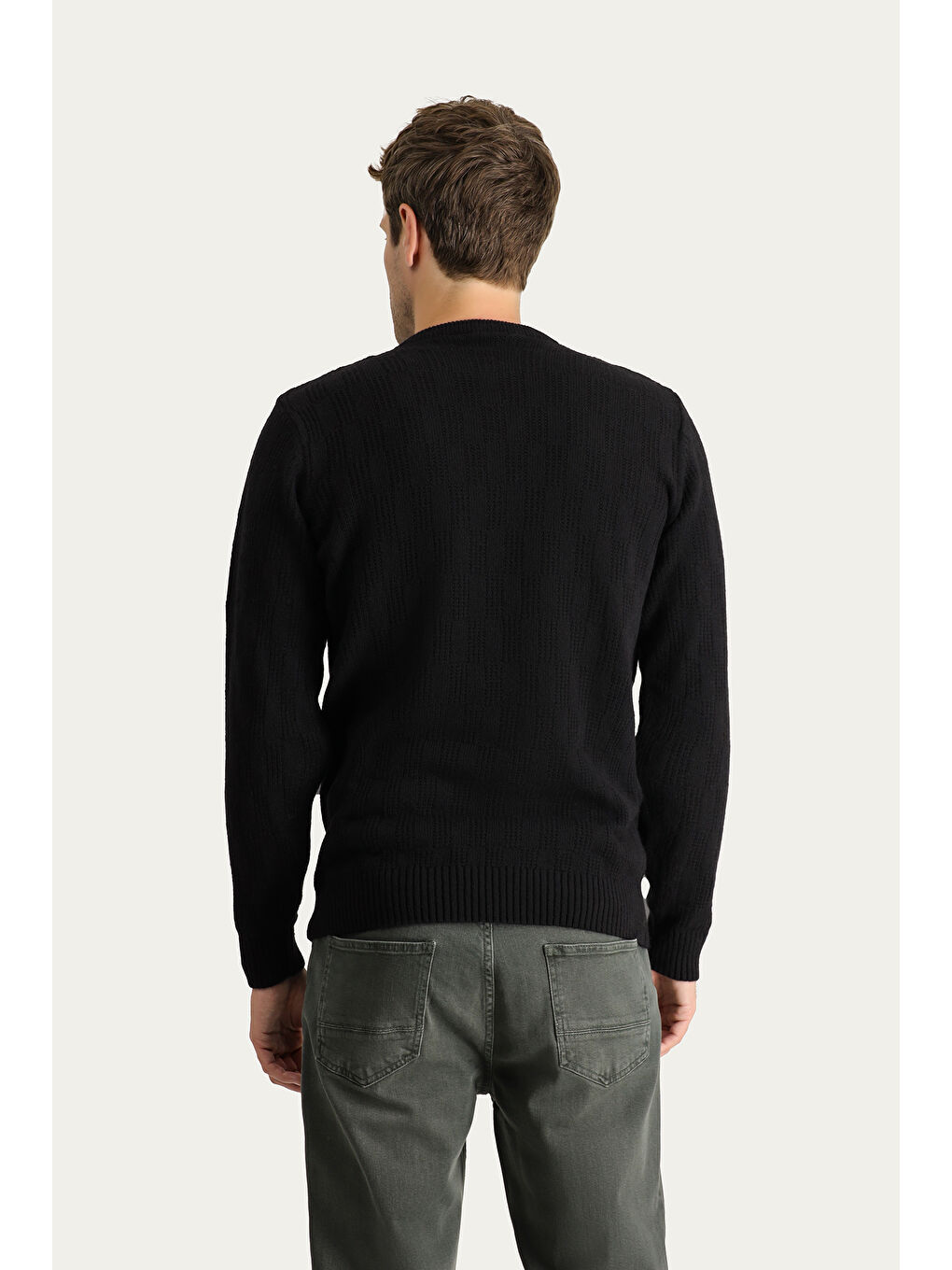 Siyah Bisiklet Yaka Regular Fit Yünlü Düz Triko Kazak-3