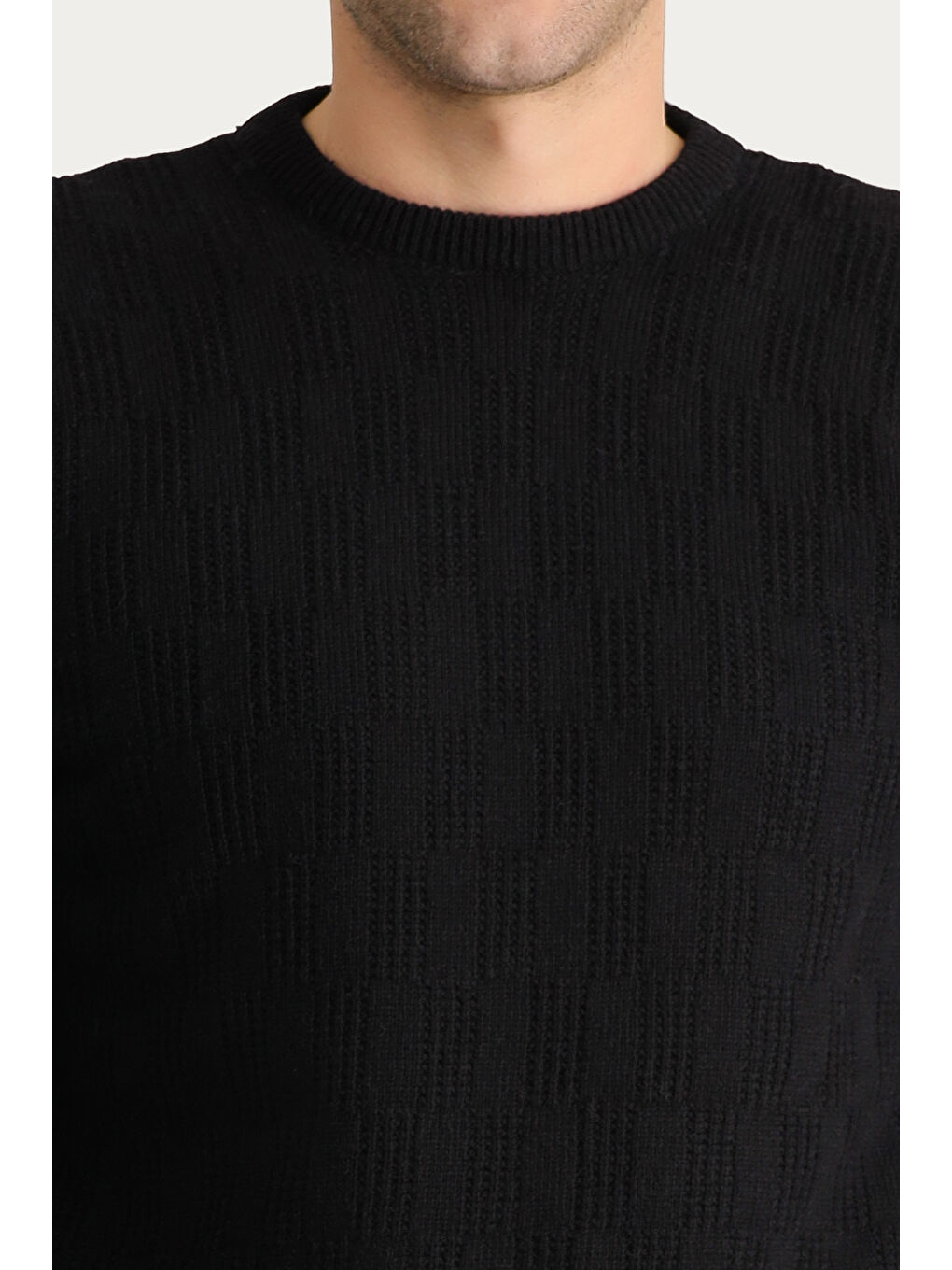 Siyah Bisiklet Yaka Regular Fit Yünlü Düz Triko Kazak-4