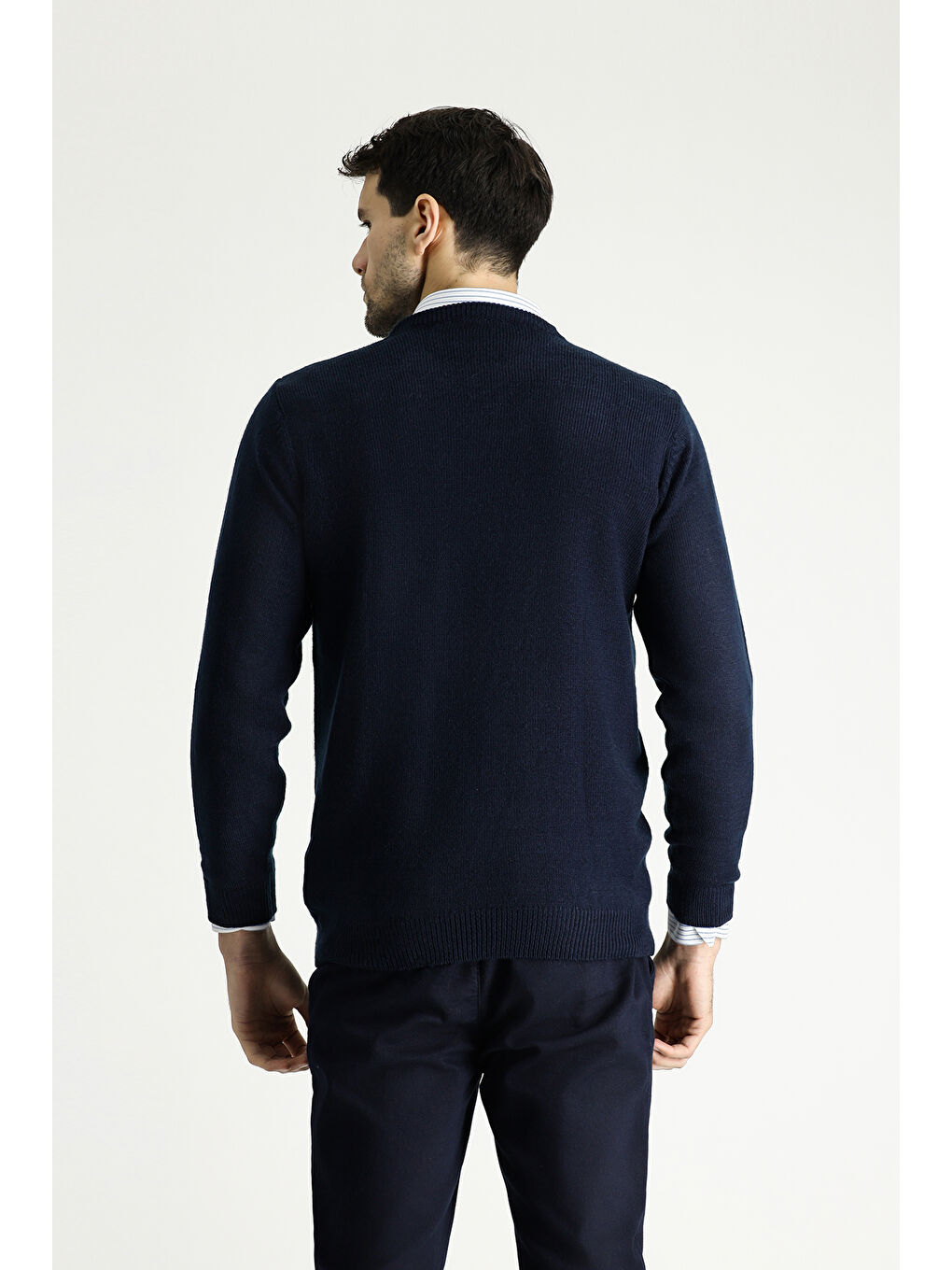 Lacivert Bisiklet Yaka Slim Fit Dar Kesim Desenli Triko Kazak-4