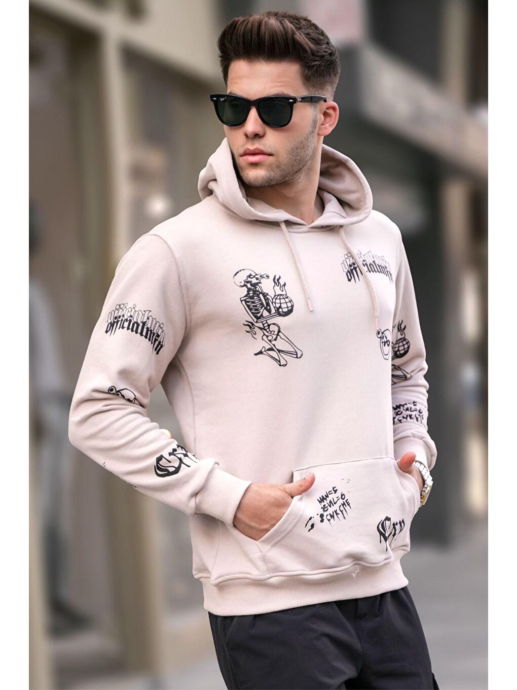 Madmext Bej Baskılı Kapüşonlu Sweatshirt 5895