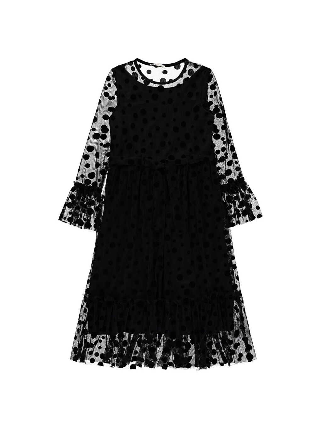 Siyah Girls Puanlı Flog Baskılı Tül 10-13 Yaş Elbise