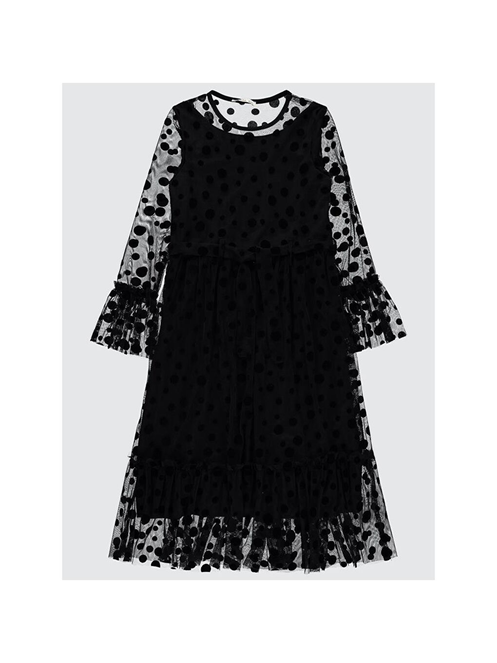 Siyah Girls Puanlı Flog Baskılı Tül 10-13 Yaş Elbise-2