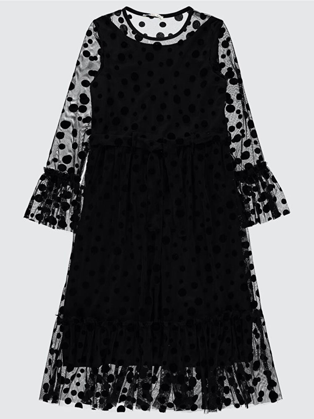 Siyah Girls Puanlı Flog Baskılı Tül 10-13 Yaş Elbise-1