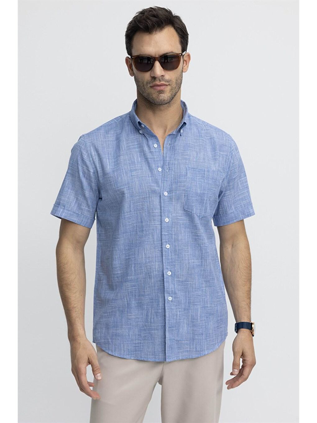 Tudors Klasik Fit Kısa Kol Kareli Keten Erkek Mavi Gömlek