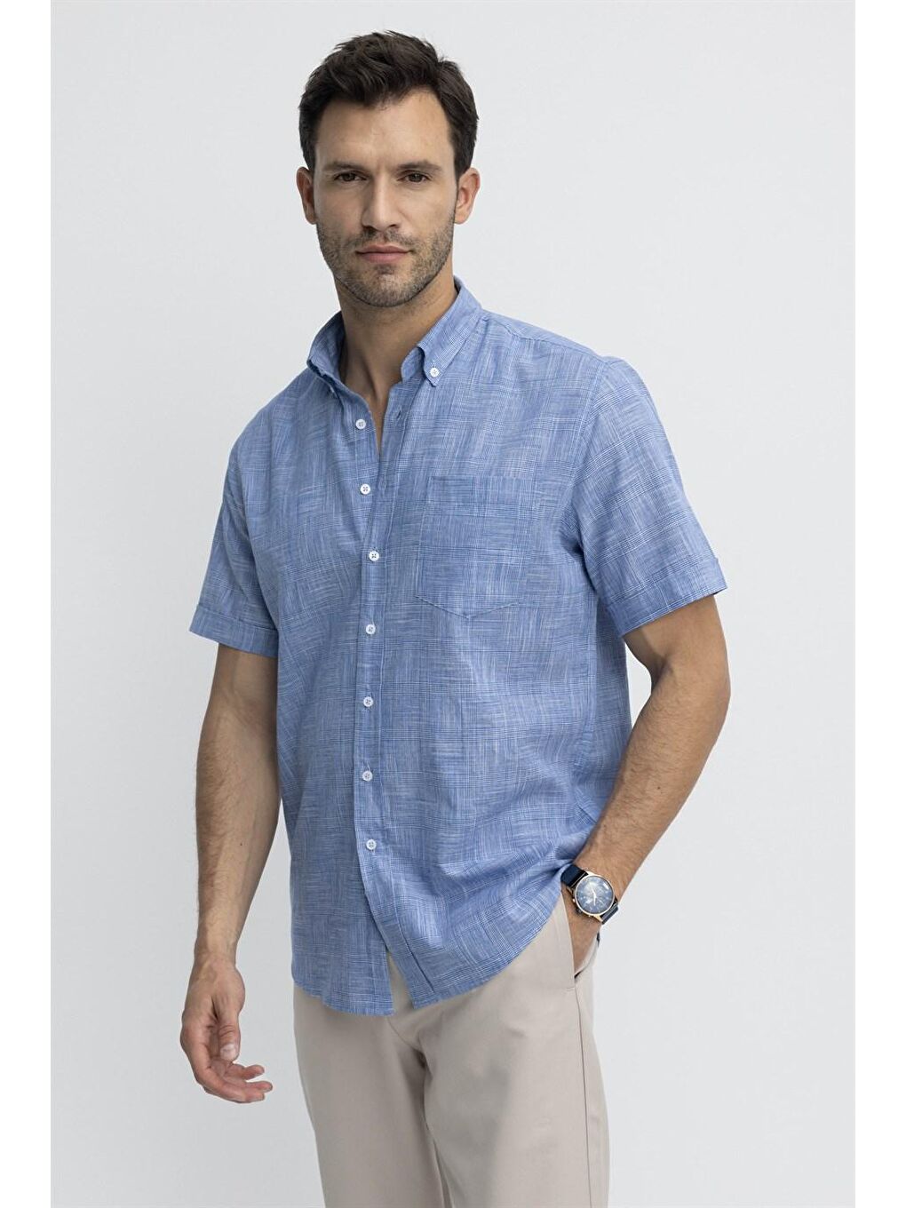 Tudors Klasik Fit Kısa Kol Kareli Keten Erkek Mavi Gömlek-1