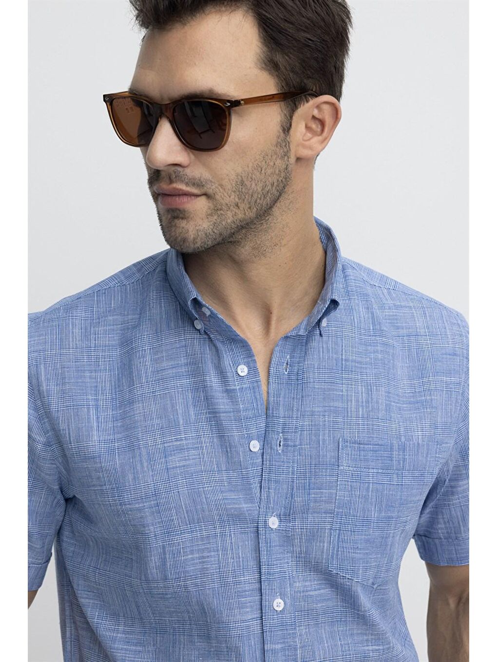 Tudors Klasik Fit Kısa Kol Kareli Keten Erkek Mavi Gömlek-2