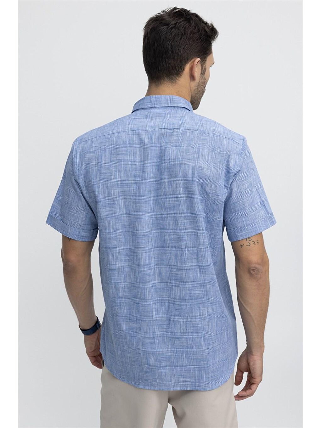 Tudors Klasik Fit Kısa Kol Kareli Keten Erkek Mavi Gömlek-3