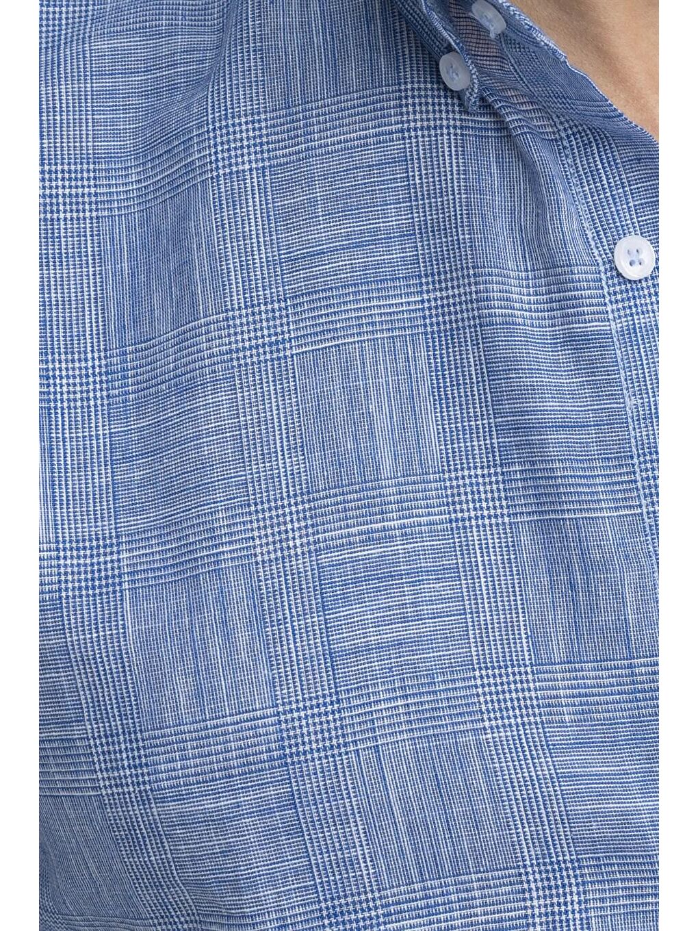 Tudors Klasik Fit Kısa Kol Kareli Keten Erkek Mavi Gömlek-4