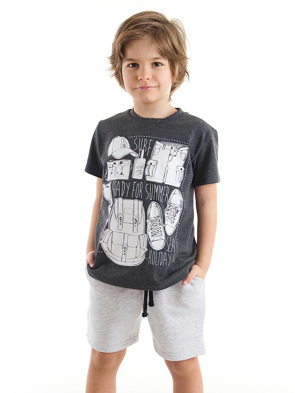 Ready Erkek Çocuk Koyu Gri Gri Şort Takım