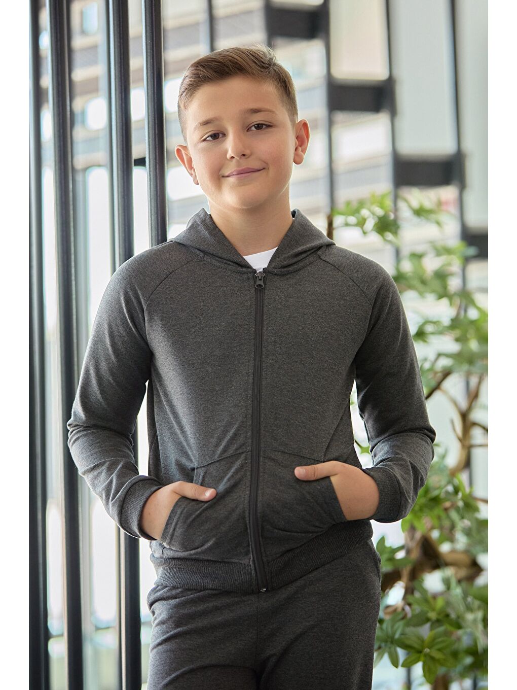 Antrasit Kapüşonlu Fermuarlı Unisex Çocuk Eşofman Takımı-1