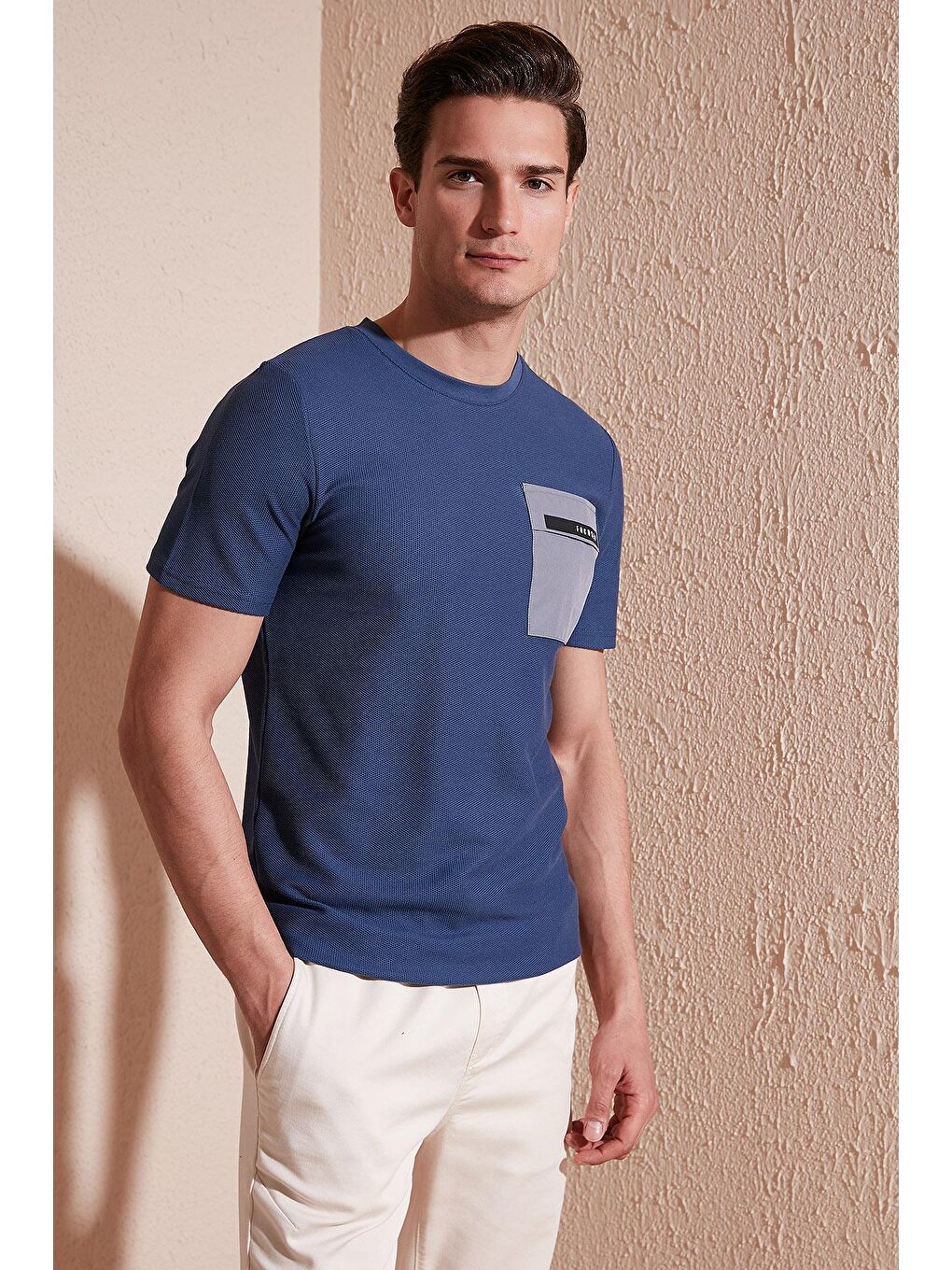 İndigo Baskılı Slim Fit Bisiklet Yaka Pamuklu Tişört 5902351