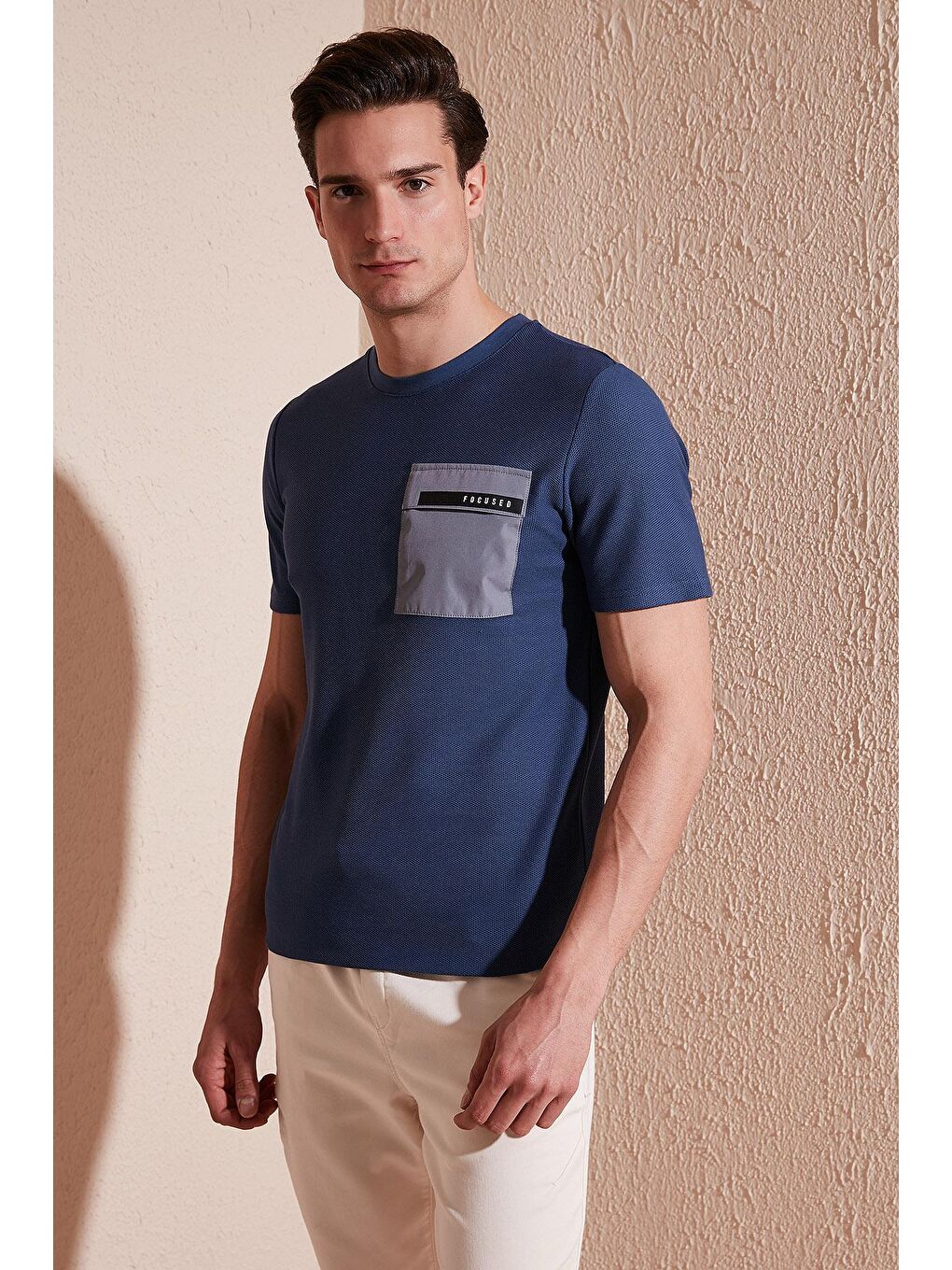 İndigo Baskılı Slim Fit Bisiklet Yaka Pamuklu Tişört 5902351-1