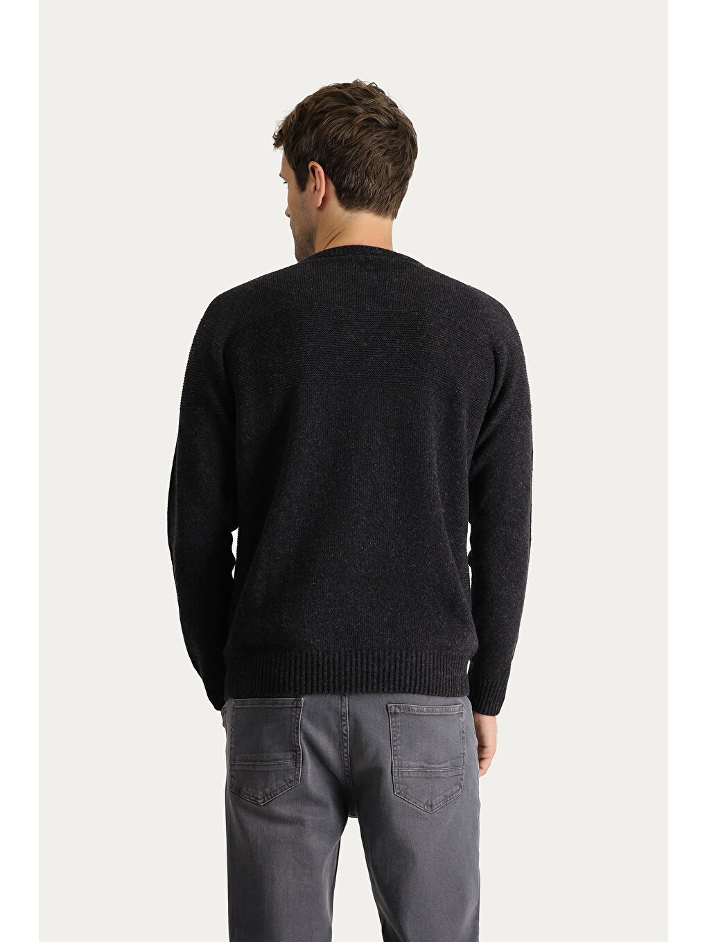 Antrasit Bisiklet Yaka Slim Fit Dar Kesim Dikişsiz Desenli Yünlü Triko Kazak-3