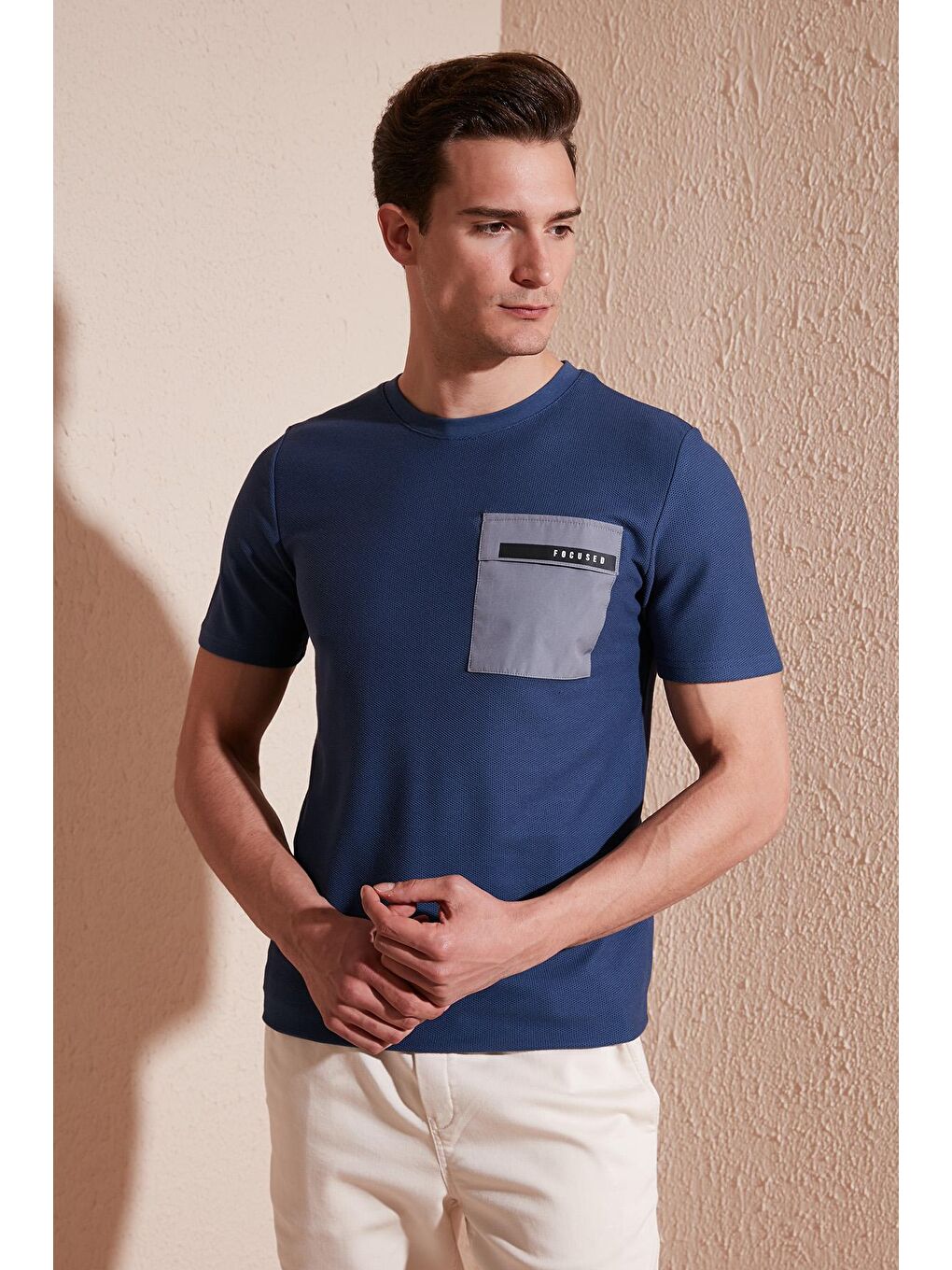 İndigo Baskılı Slim Fit Bisiklet Yaka Pamuklu Tişört 5902351-2