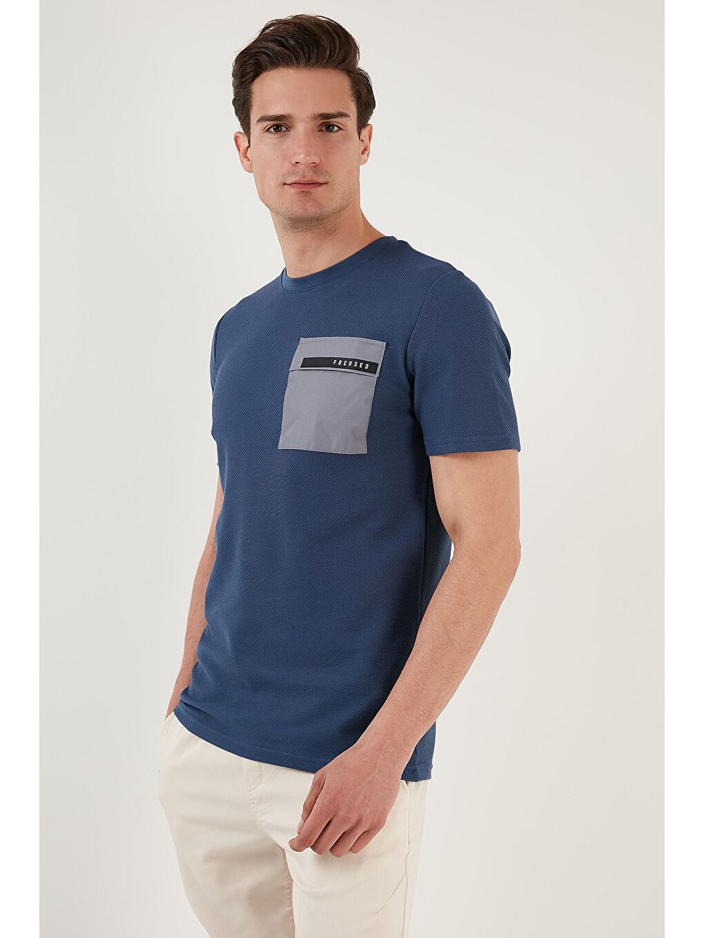 İndigo Baskılı Slim Fit Bisiklet Yaka Pamuklu Tişört 5902351-3