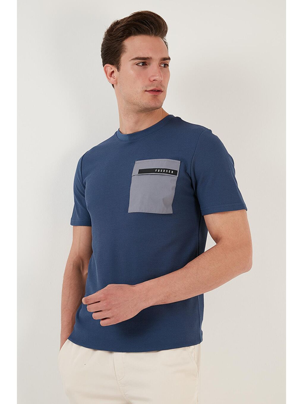 İndigo Baskılı Slim Fit Bisiklet Yaka Pamuklu Tişört 5902351-4