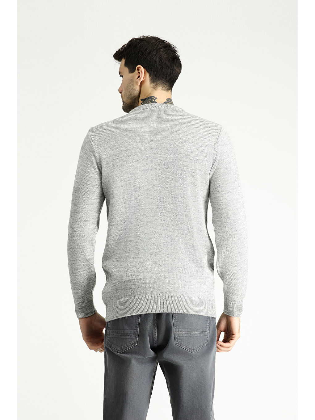 Gri Bisiklet Yaka Slim Fit Dar Kesim Desenli Triko Kazak-3