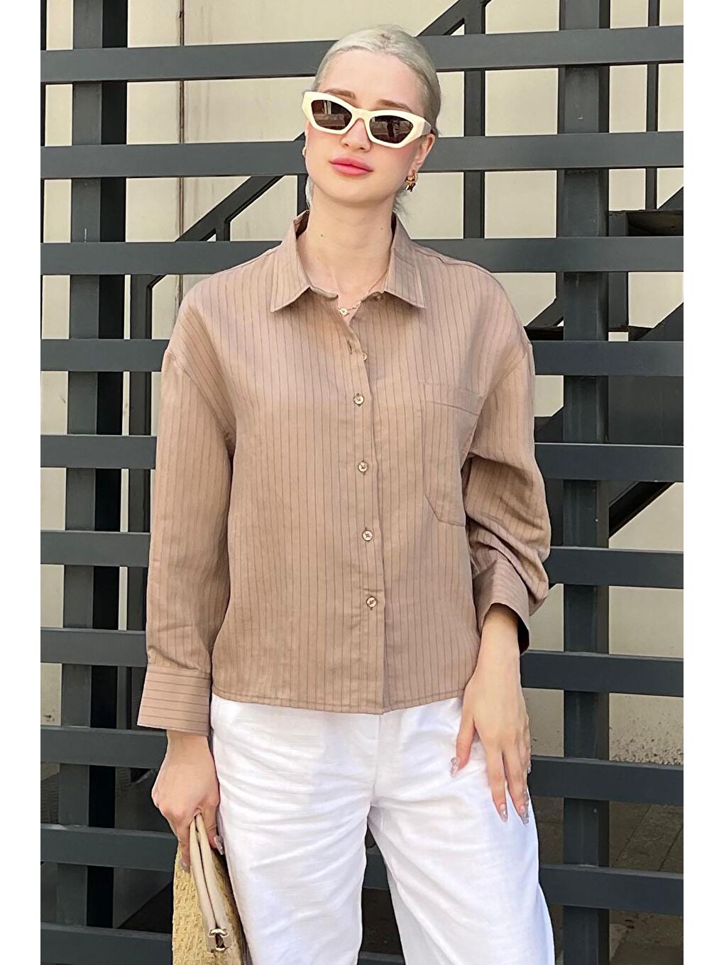 Kahverengi Camel Çizgili Oversize Kadın Gömlek Mg2093-1