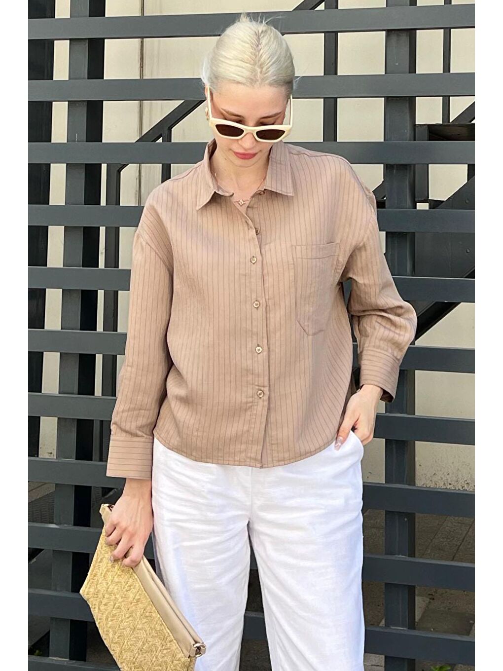 Kahverengi Camel Çizgili Oversize Kadın Gömlek Mg2093-2