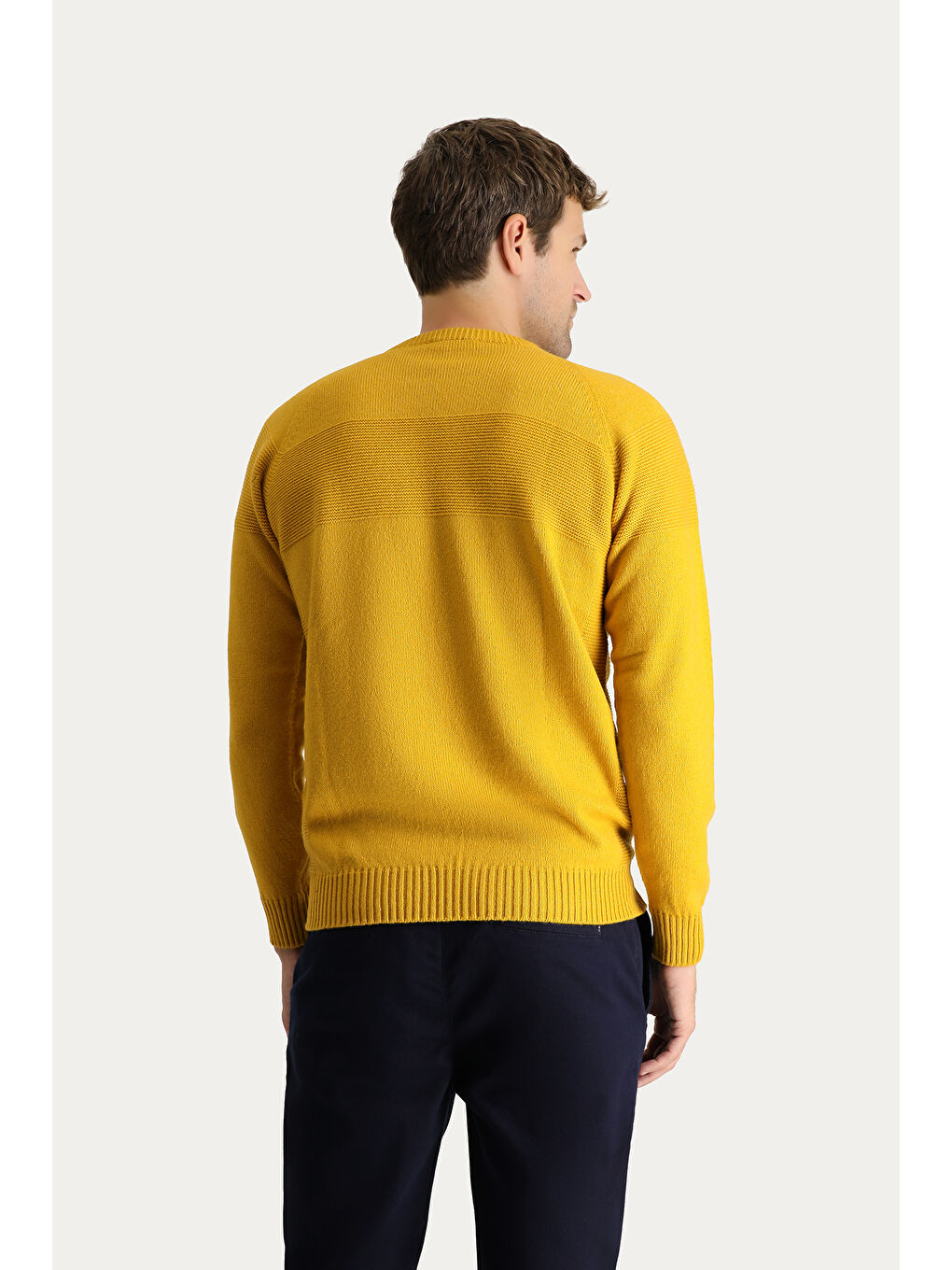 Sarı Bisiklet Yaka Slim Fit Dar Kesim Dikişsiz Desenli Yünlü Triko Kazak-3