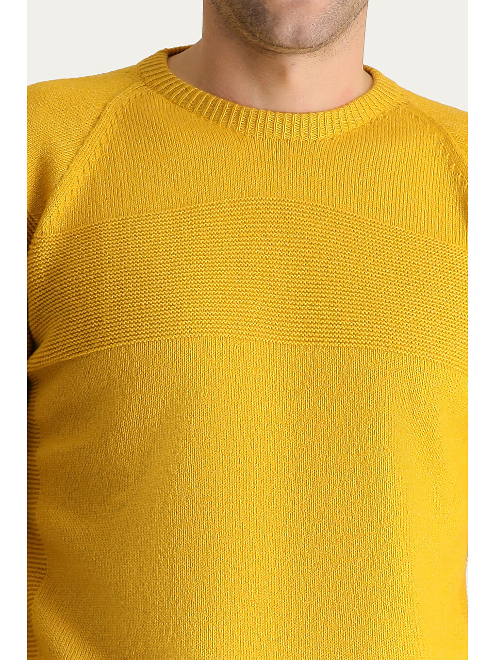 Sarı Bisiklet Yaka Slim Fit Dar Kesim Dikişsiz Desenli Yünlü Triko Kazak-4