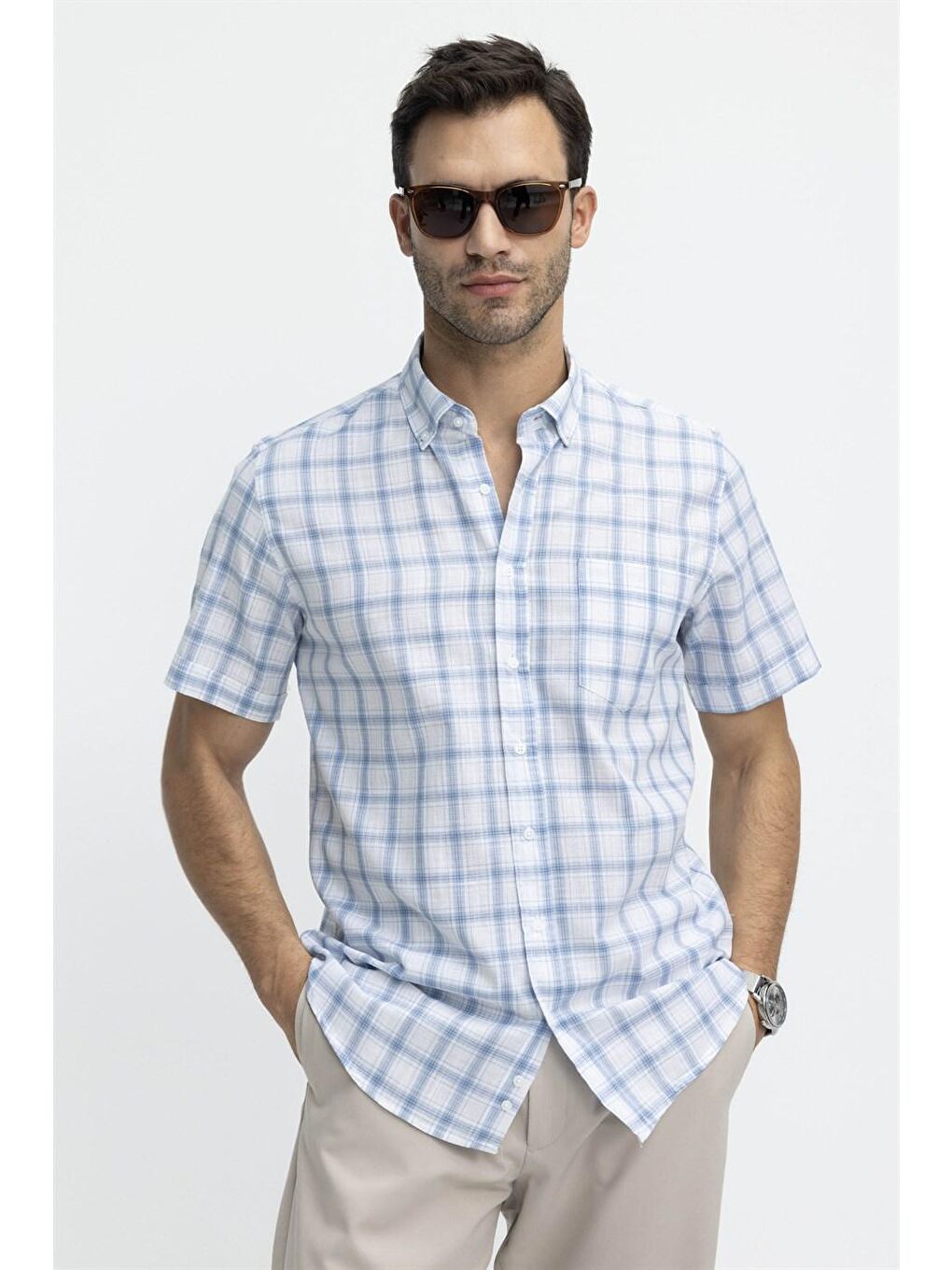 Tudors Klasik Fit Kısa Kol Kareli Keten Erkek Mavi Gömlek-1