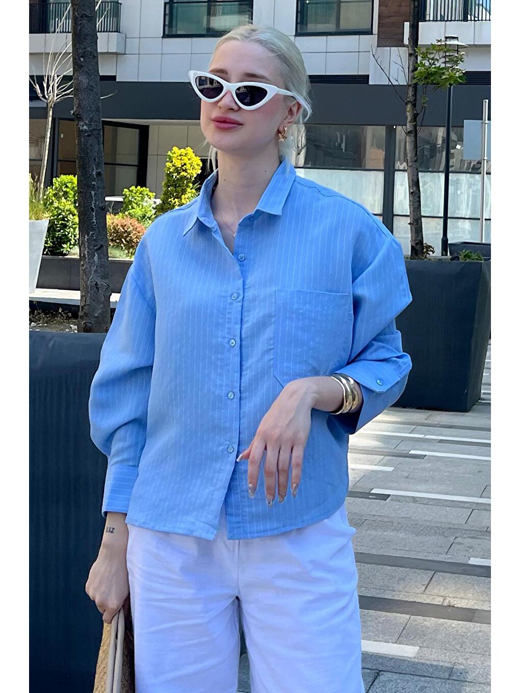 Mavi Çizgili Oversize Kadın Gömlek Mg2093-1