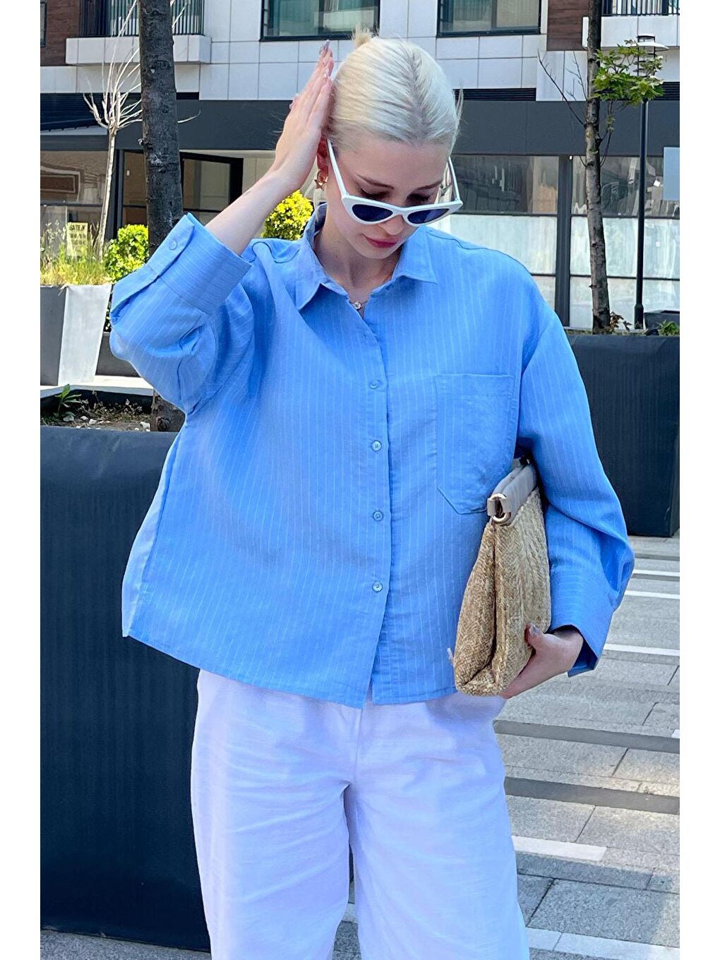 Mavi Çizgili Oversize Kadın Gömlek Mg2093-2