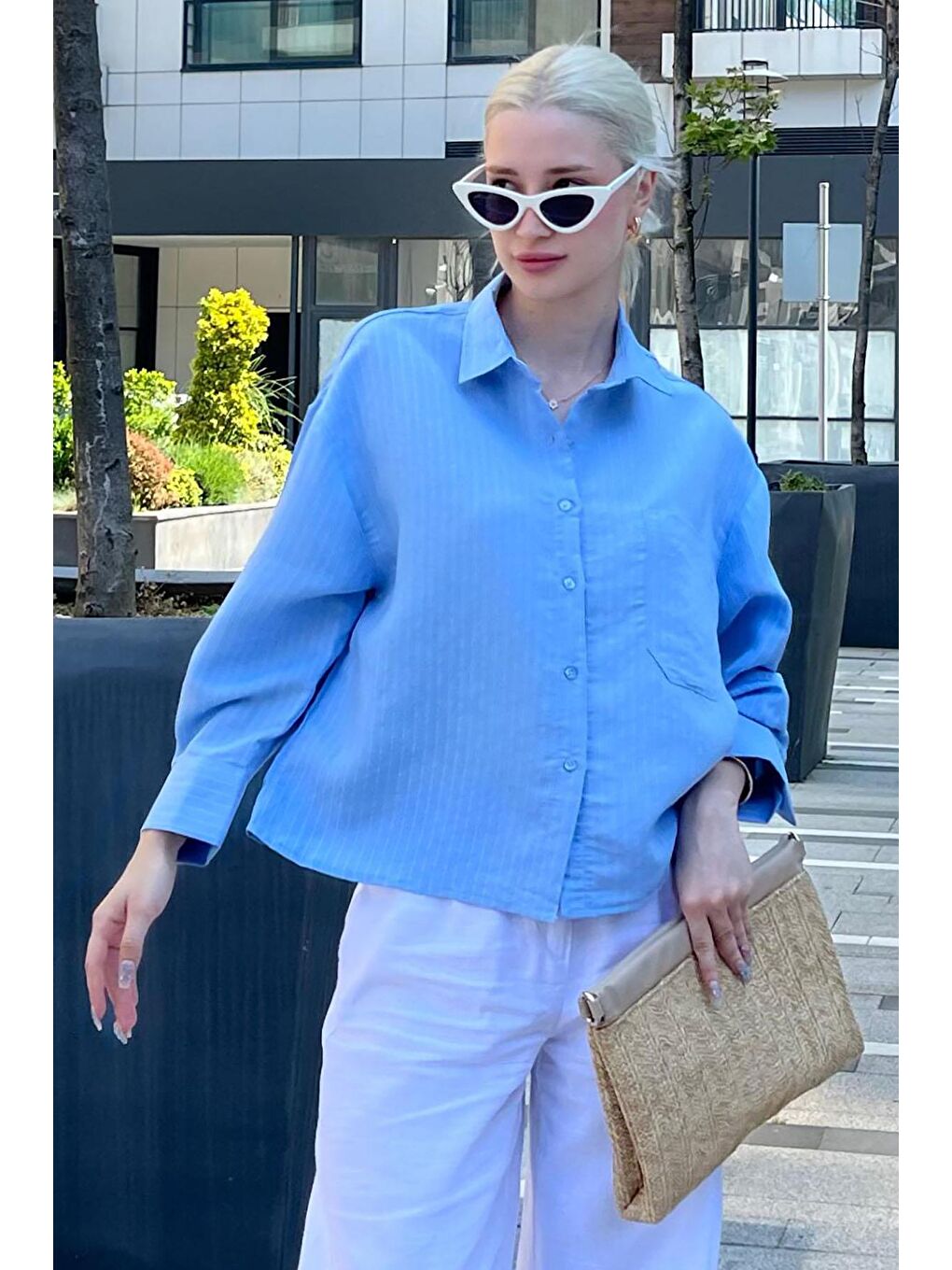 Mavi Çizgili Oversize Kadın Gömlek Mg2093-3