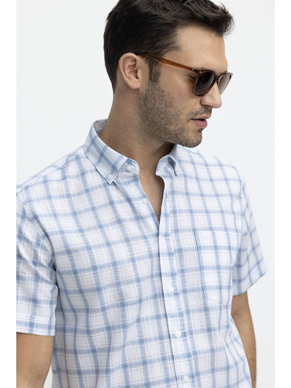 Tudors Klasik Fit Kısa Kol Kareli Keten Erkek Mavi Gömlek-2