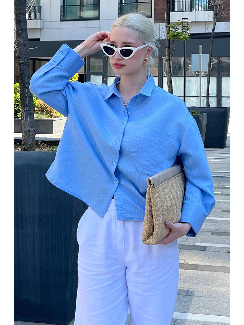 Mavi Çizgili Oversize Kadın Gömlek Mg2093-4