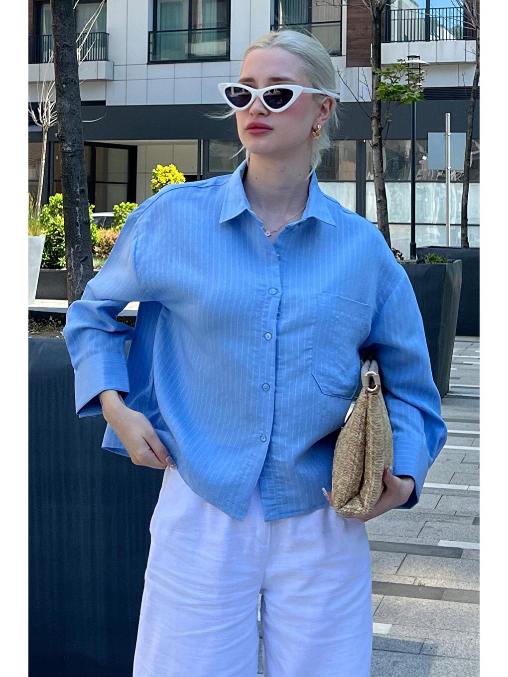 Mavi Çizgili Oversize Kadın Gömlek Mg2093-5