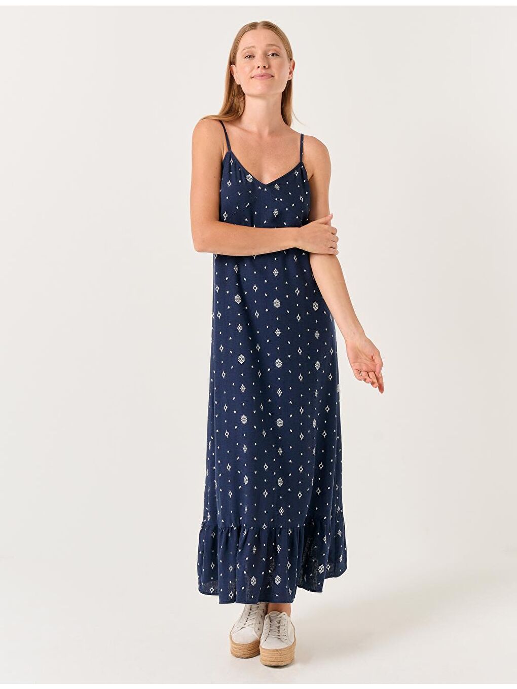 Lacivert V Yaka Askılı Midi Keten Elbise