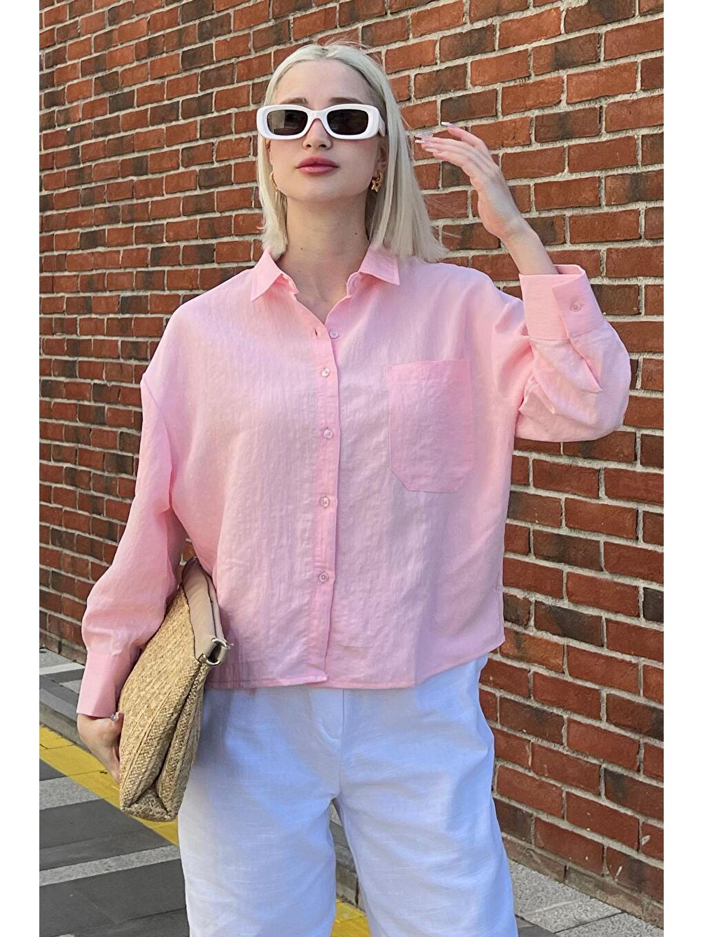 Pembe Çizgili Oversize Kadın Gömlek Mg2093