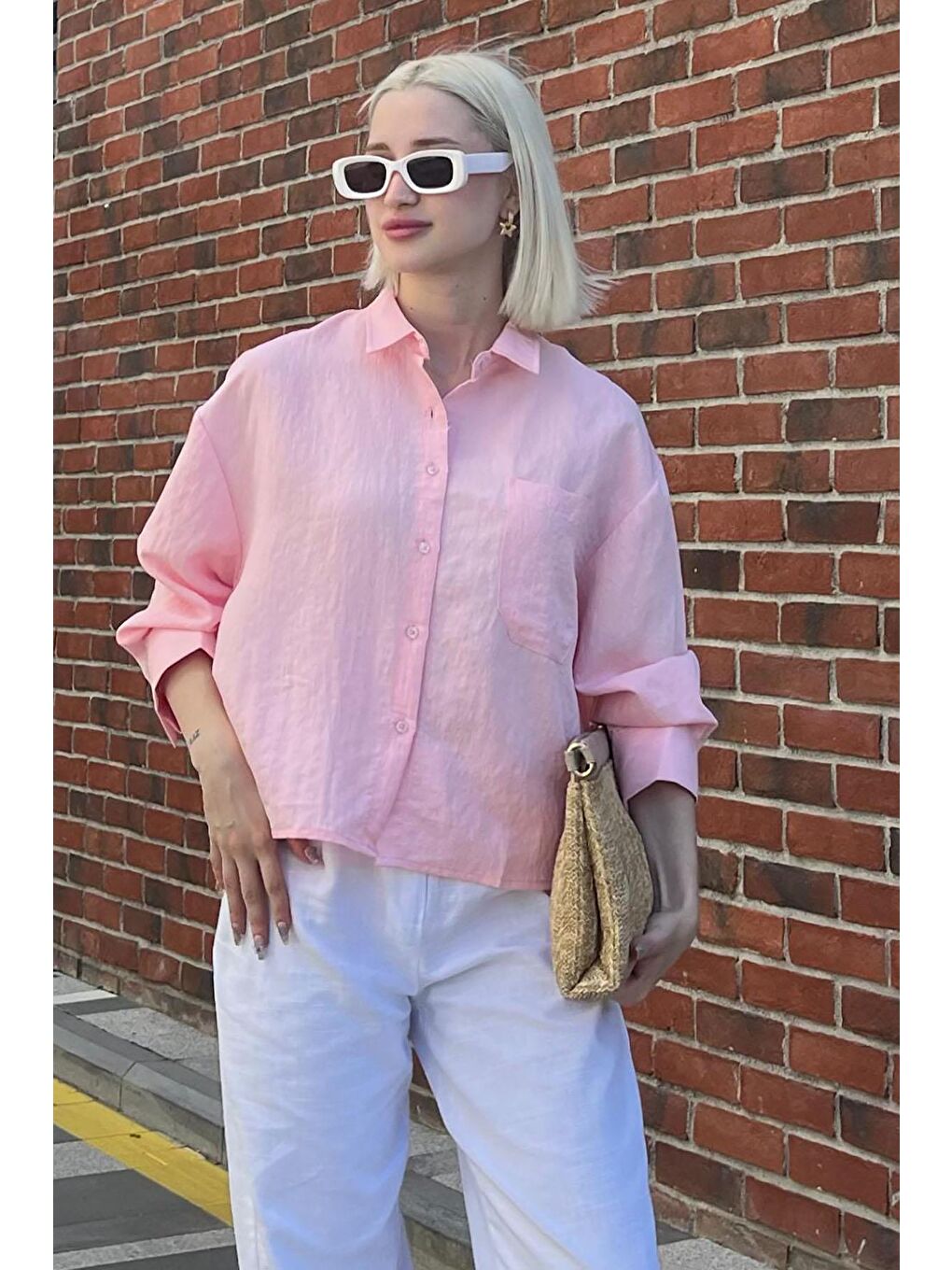 Pembe Çizgili Oversize Kadın Gömlek Mg2093-1