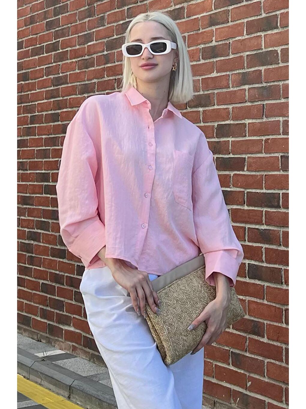 Pembe Çizgili Oversize Kadın Gömlek Mg2093-2