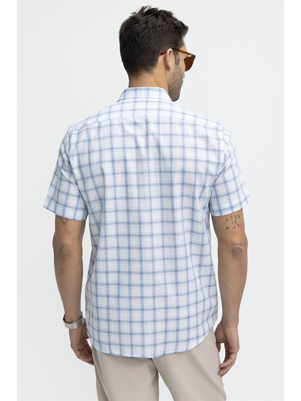 Tudors Klasik Fit Kısa Kol Kareli Keten Erkek Mavi Gömlek-3