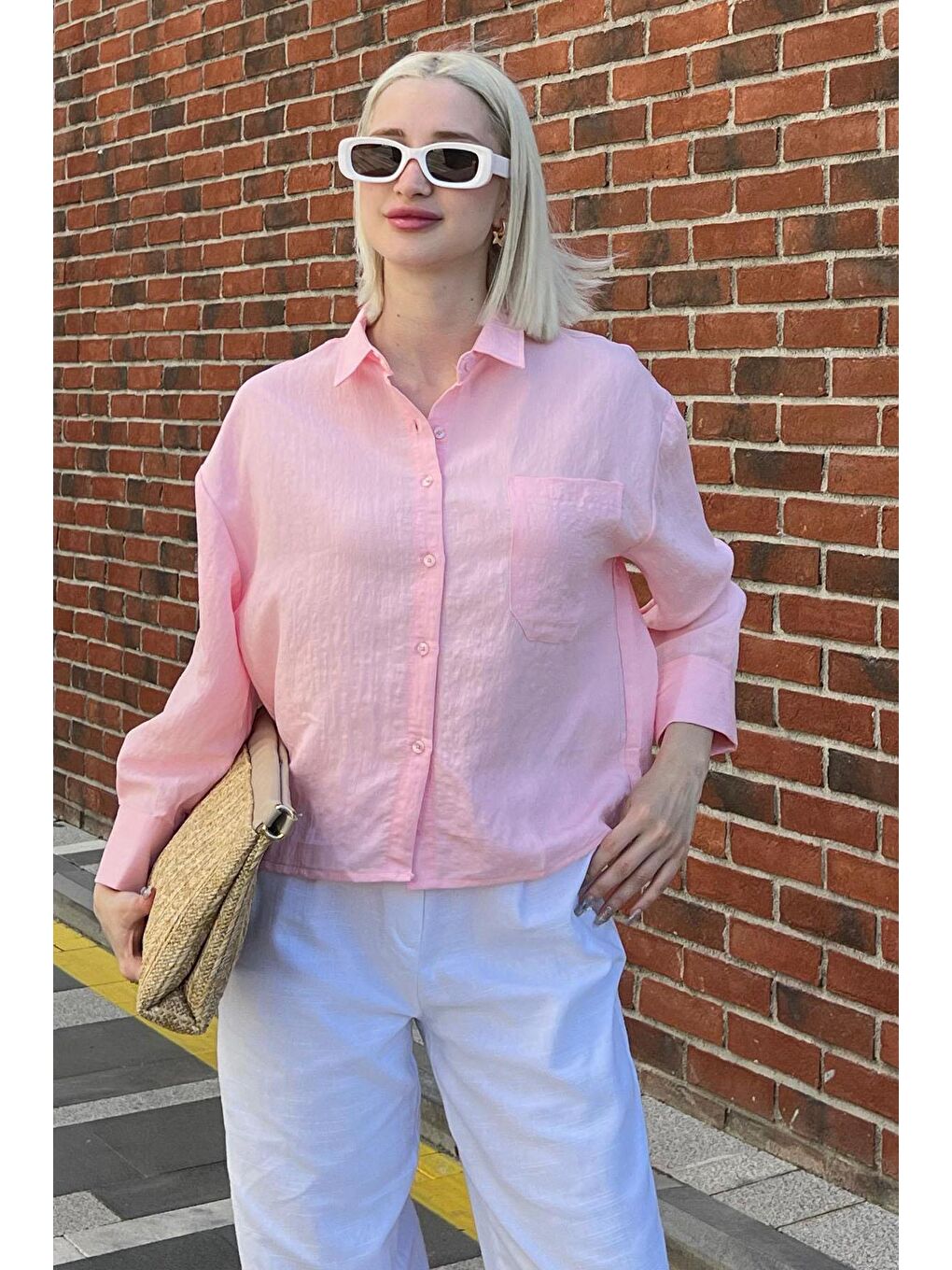 Pembe Çizgili Oversize Kadın Gömlek Mg2093-3