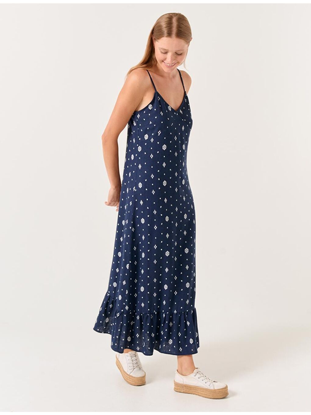 Lacivert V Yaka Askılı Midi Keten Elbise-3