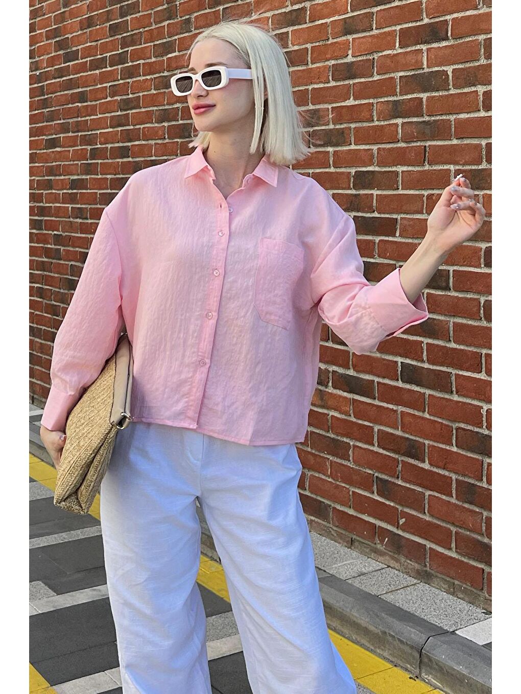 Pembe Çizgili Oversize Kadın Gömlek Mg2093-5