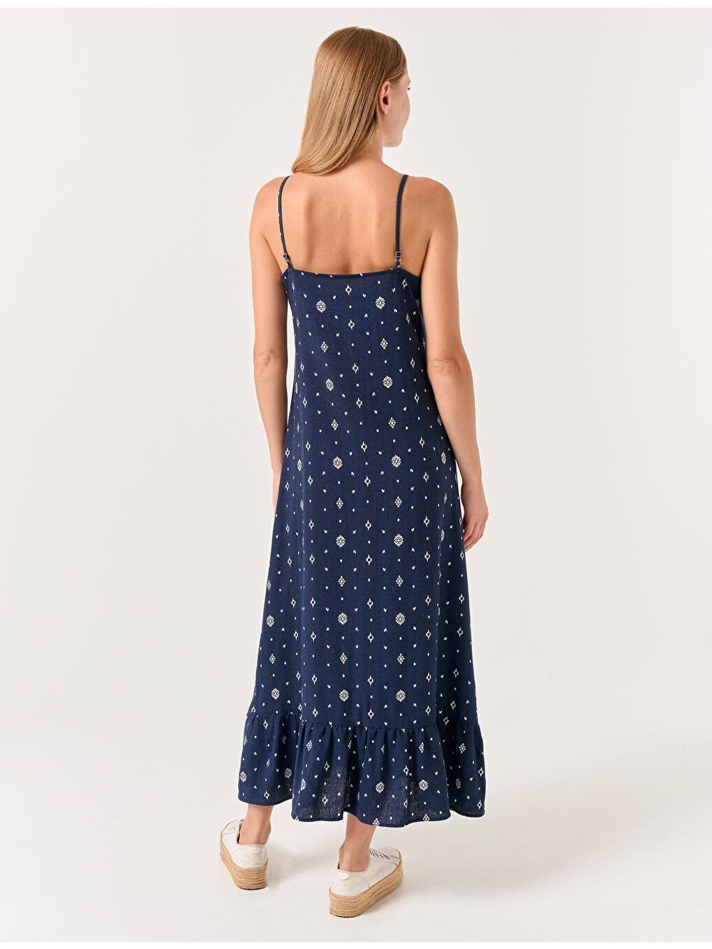 Lacivert V Yaka Askılı Midi Keten Elbise-4