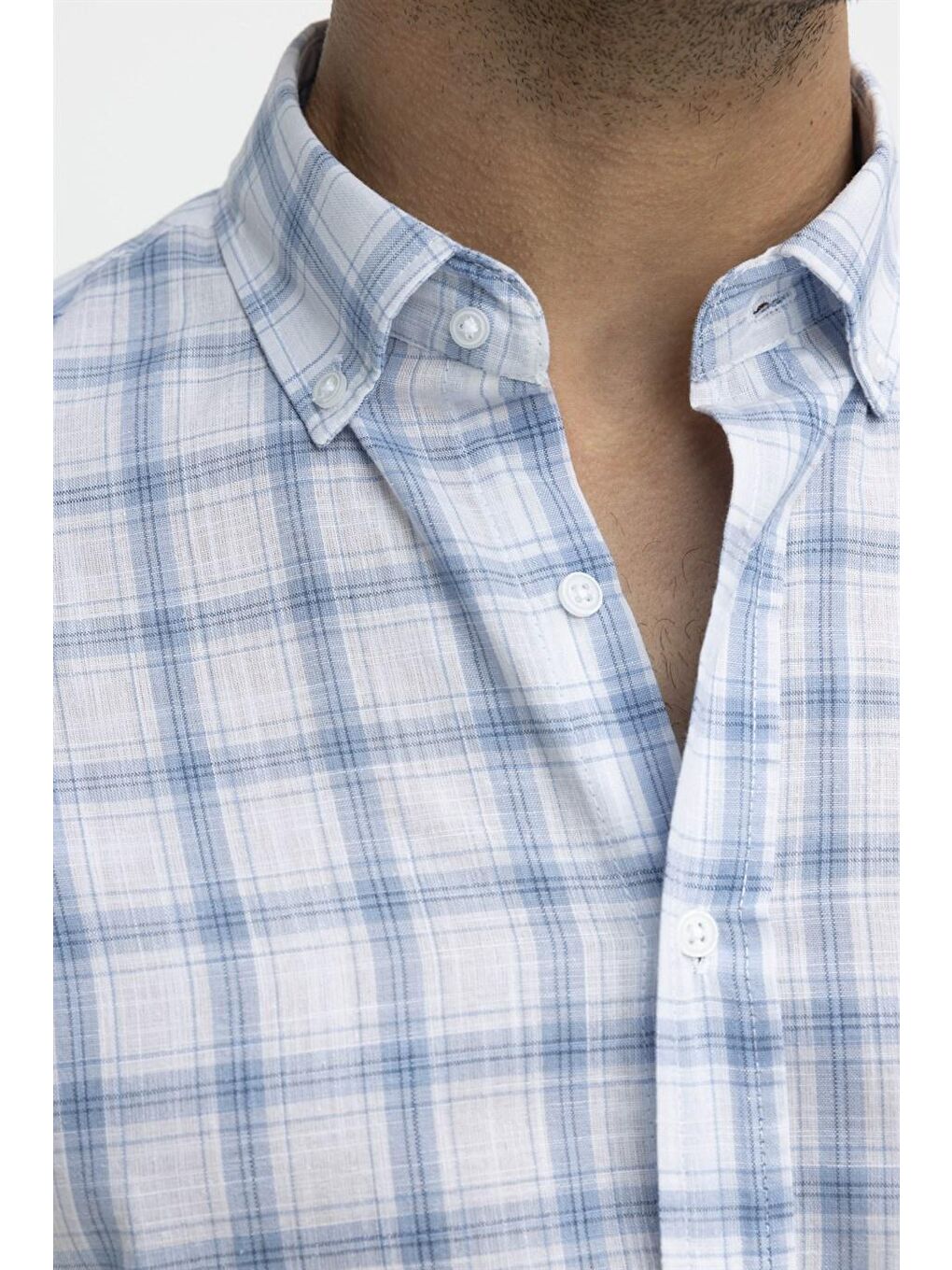 Tudors Klasik Fit Kısa Kol Kareli Keten Erkek Mavi Gömlek-4