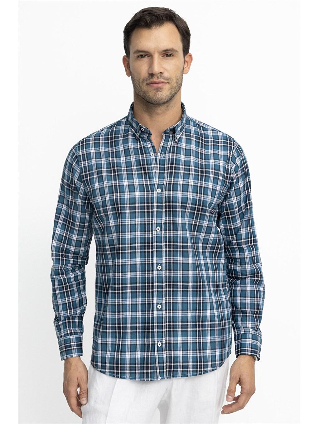 Tudors Klasik Fit Uzun Kol Ketenli Ekose Erkek İndigo Gömlek-1