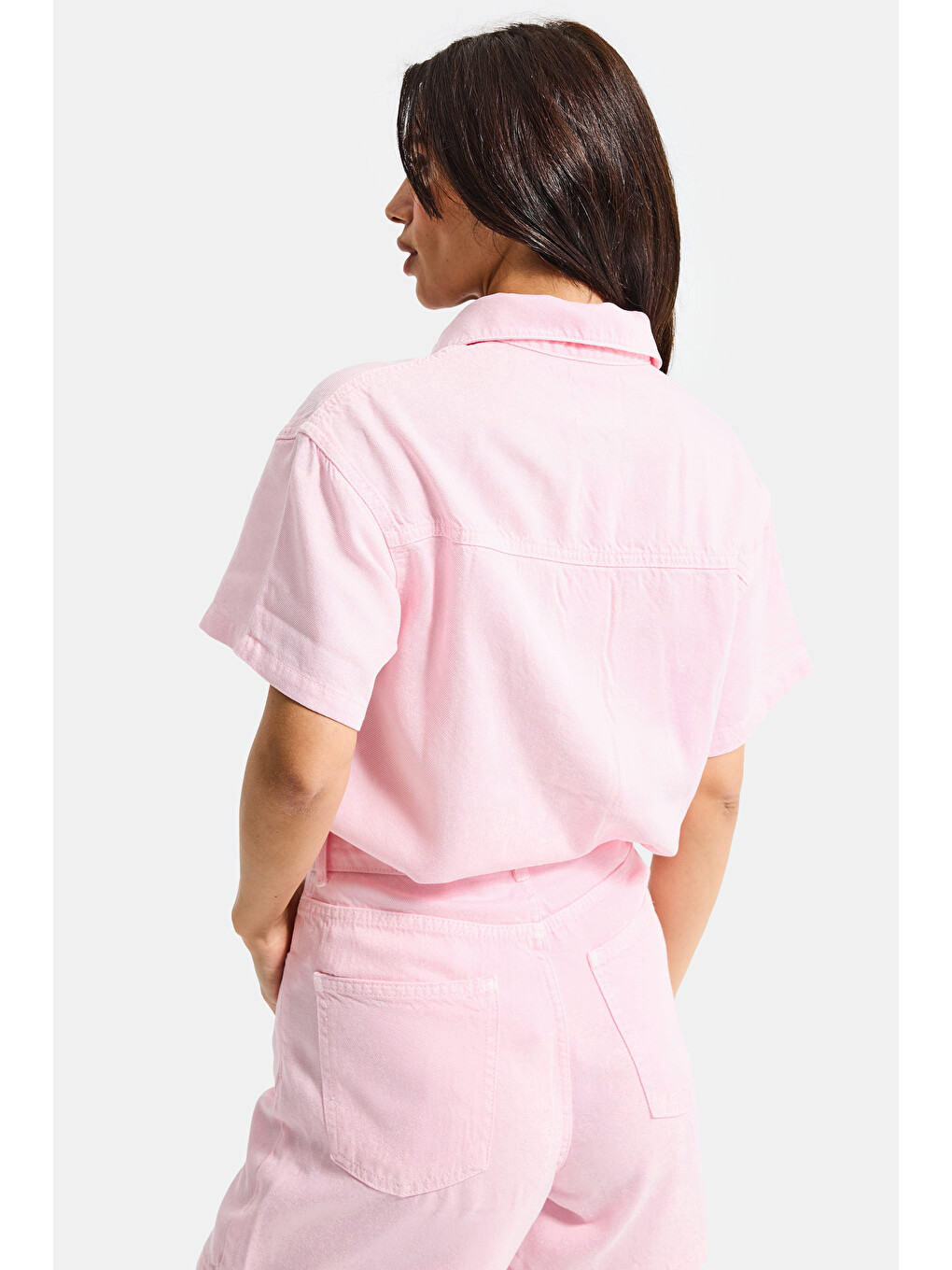Kadın Light Pembe 6s6-98 Oversize %100 Pamuk Pamuk Denim Gömlek-1