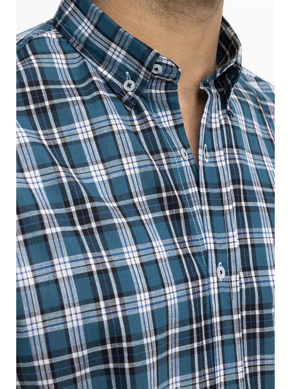 Tudors Klasik Fit Uzun Kol Ketenli Ekose Erkek İndigo Gömlek-2