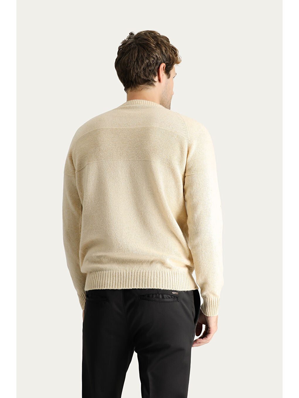 Bej Bisiklet Yaka Slim Fit Dar Kesim Dikişsiz Düz Yünlü Triko Kazak-3