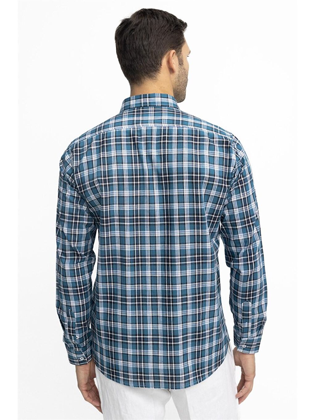 Tudors Klasik Fit Uzun Kol Ketenli Ekose Erkek İndigo Gömlek-3