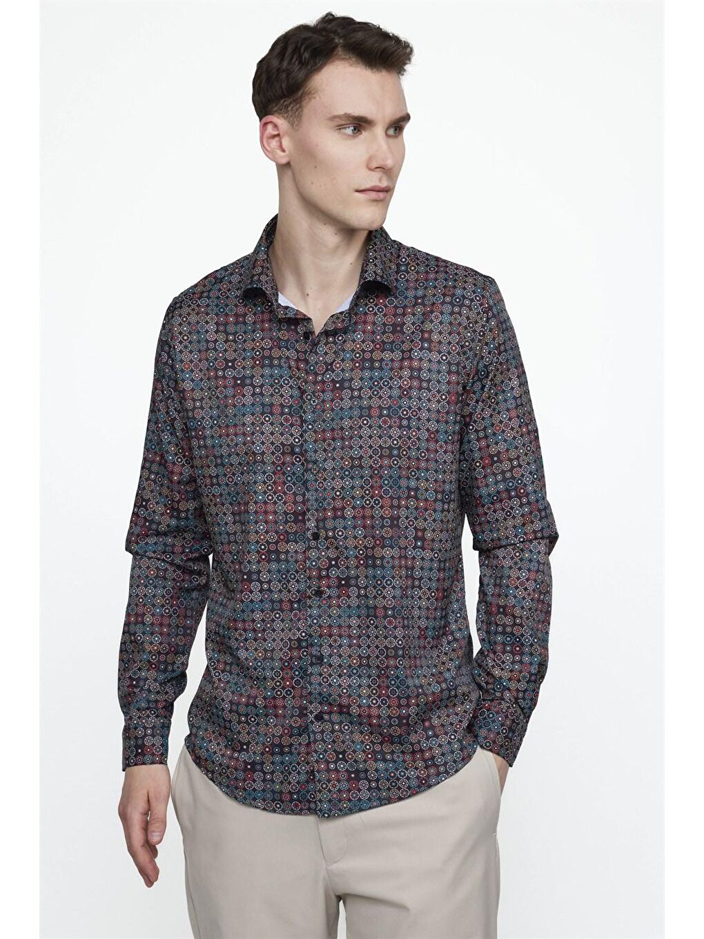 Siyah Tudors Slim Fit Dar Kesim Uzun Kollu Elastanlı Baskılı Yüksek Yaka Erkek Çok Renkli  Gömlek-1