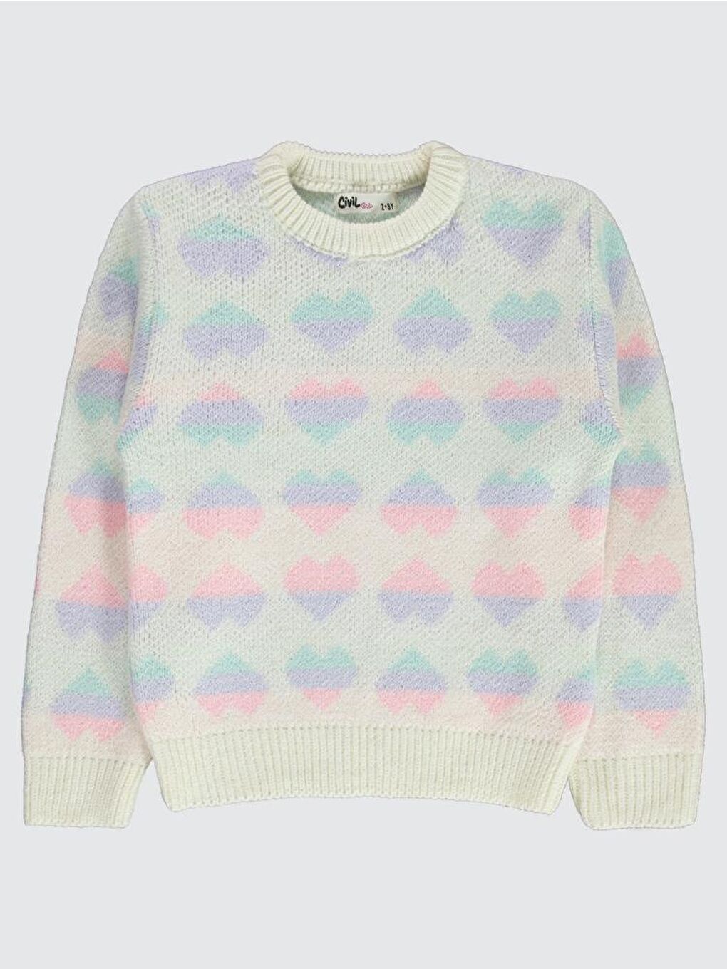 Ekru Girls Renkli Kalp Desenli 2-5 Yaş Kazak