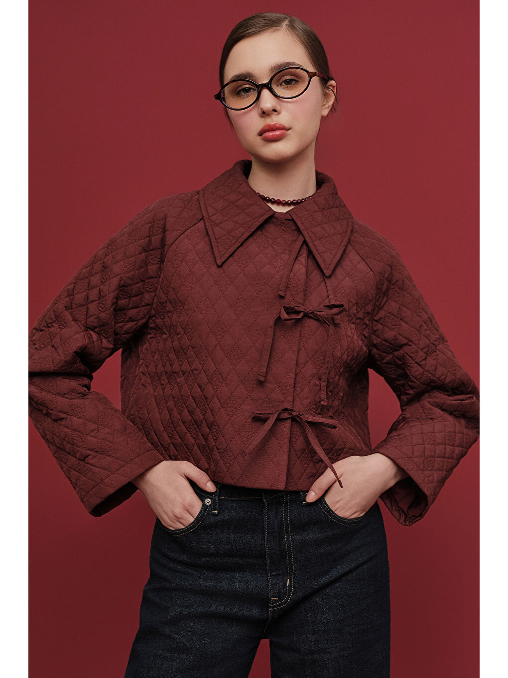 Kapitone Bağlamalı Kısa Ceket Bordo